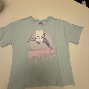 Zara Aqua T-Shirt with Dolphin and Pink Text